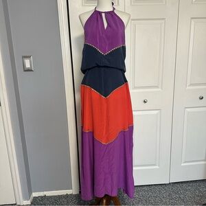 BCBG MaxAzria color block silk Halter Maxi Dress